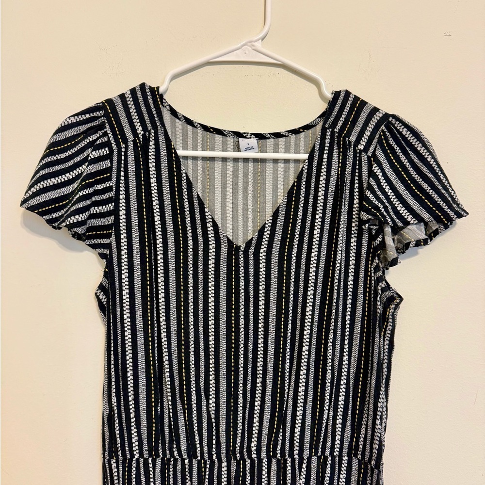 2/$15 Old Navy - Black White Yellow Striped Mini Dress Short Sleeve V Neck Small - Picture 3 of 7